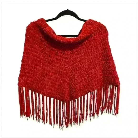 Vintage Red Handmade Crochet Knit Poncho Shawl Fringe One Size - Picture 1 of 2
